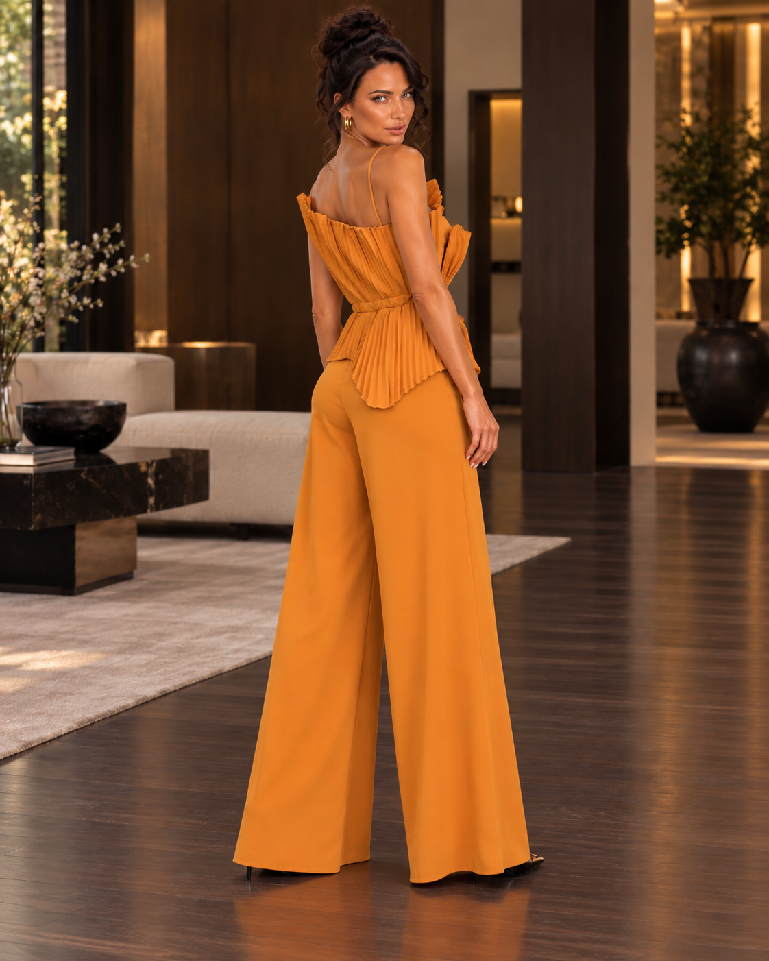 Saffron Solstice Sculpted Pleat Wide-Leg Jumpsuit