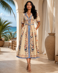 Vintage Style Printed Dress with Belt – Blue Beige Chic Midi Dress