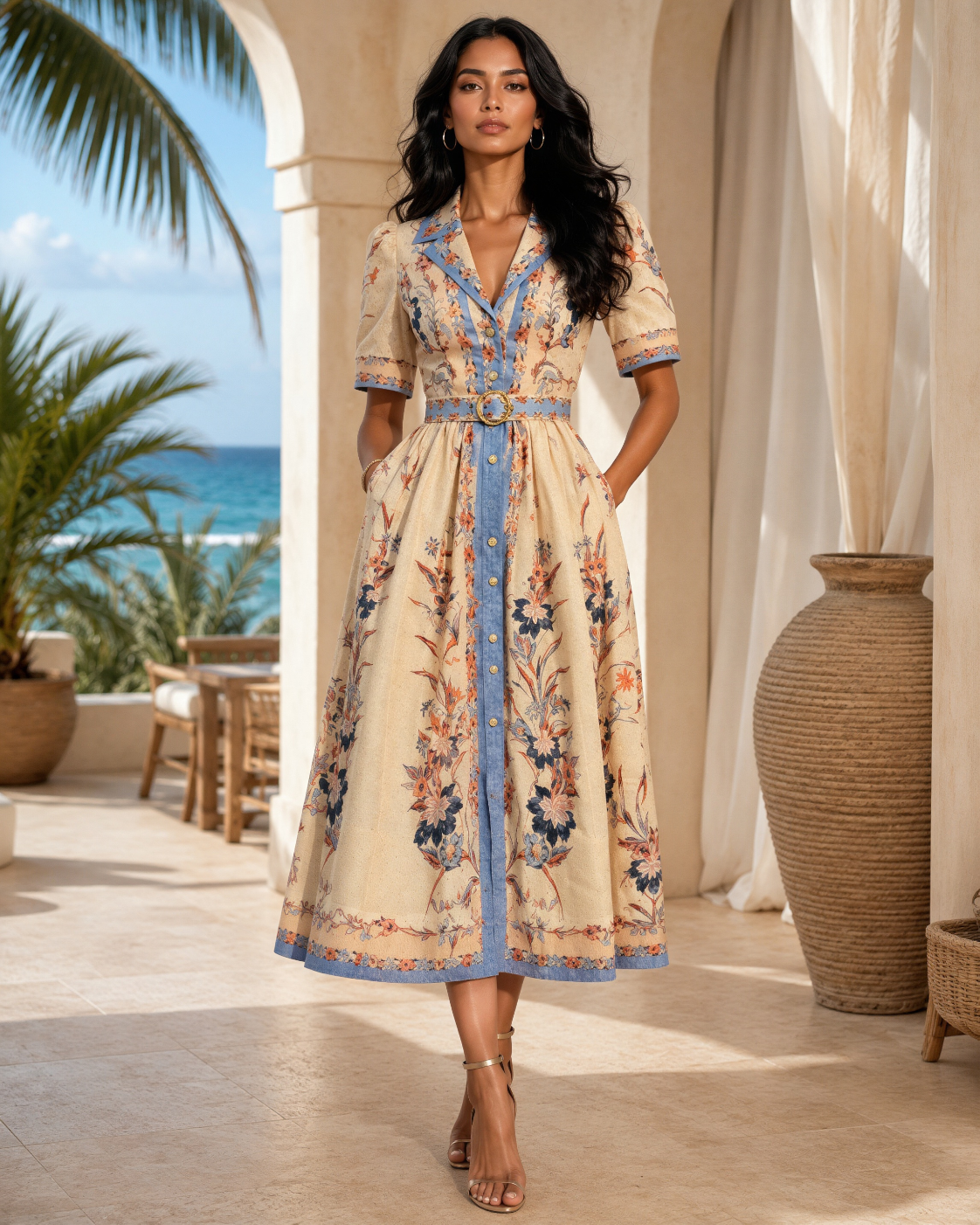 Vintage Style Printed Dress with Belt – Blue Beige Chic Midi Dress