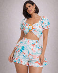 Tie-Dye Two-Piece Short Set with Puff Sleeve Crop Top & Ruffle Shorts