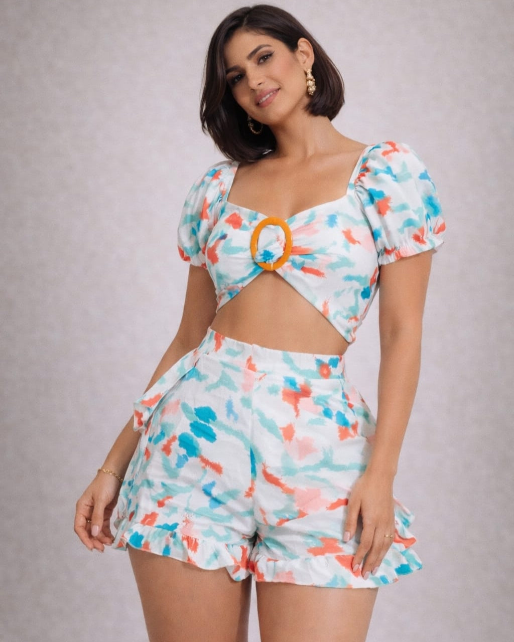 Tie-Dye Two-Piece Short Set with Puff Sleeve Crop Top & Ruffle Shorts
