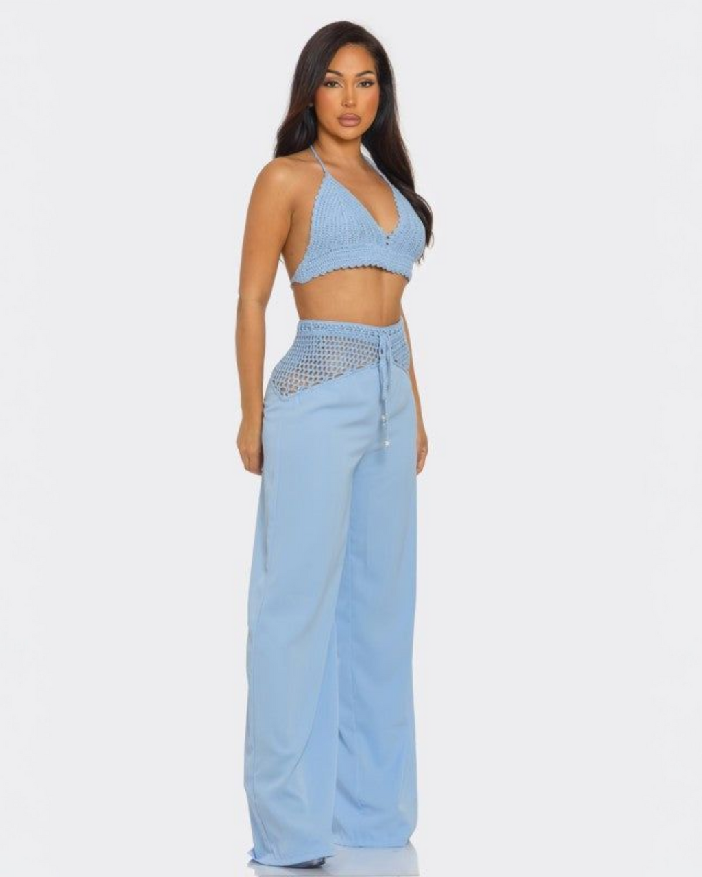 Blue Crochet Halter Top and Pants Set for Women Beachwear Two Piece Outfit 100 Percent Crochet No Stretch