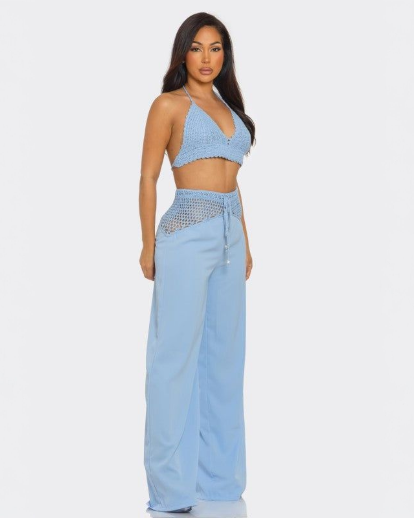 Blue Crochet Halter Top and Pants Set for Women Beachwear Two Piece Outfit 100 Percent Crochet No Stretch