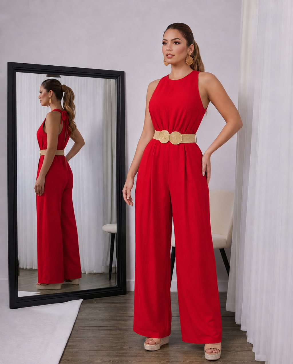 Red Sleeveless Wide-Leg Jumpsuit with Raffia Stretch Belt