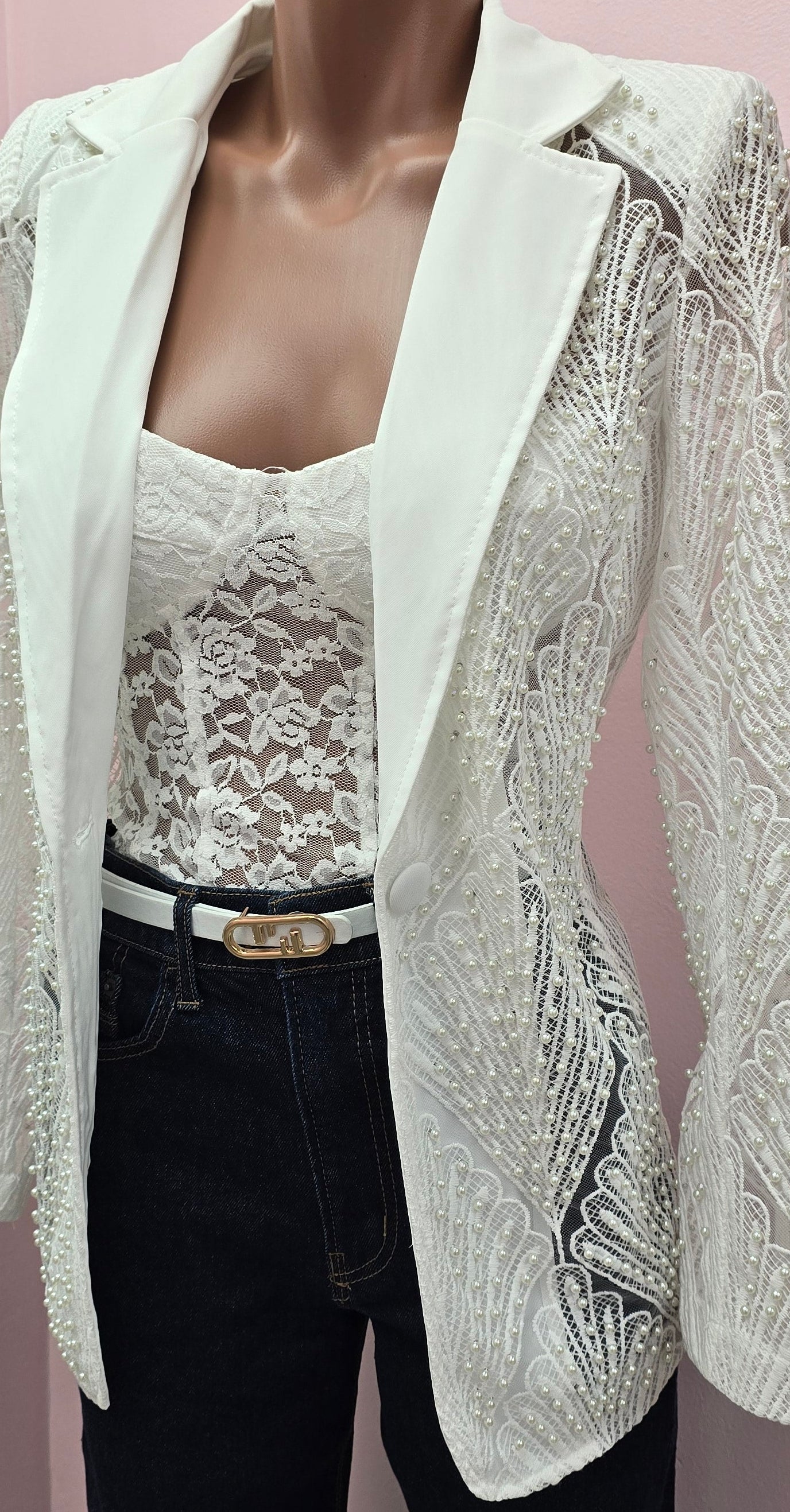 White Lace Embellished Blazer with Pearl Details – Elegant Statement Jacket