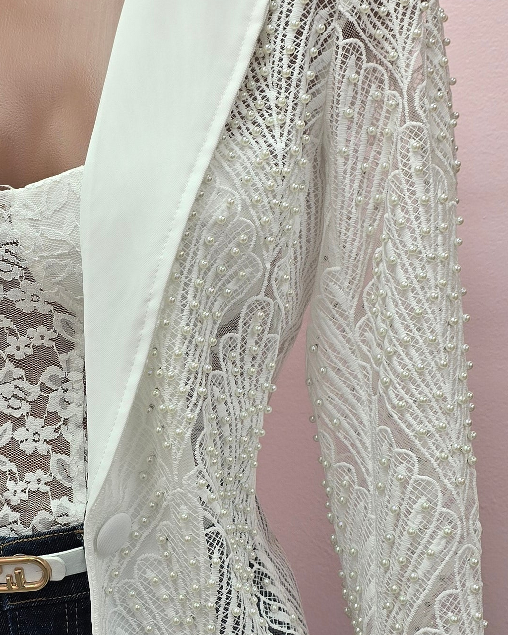White Lace Embellished Blazer with Pearl Details – Elegant Statement Jacket