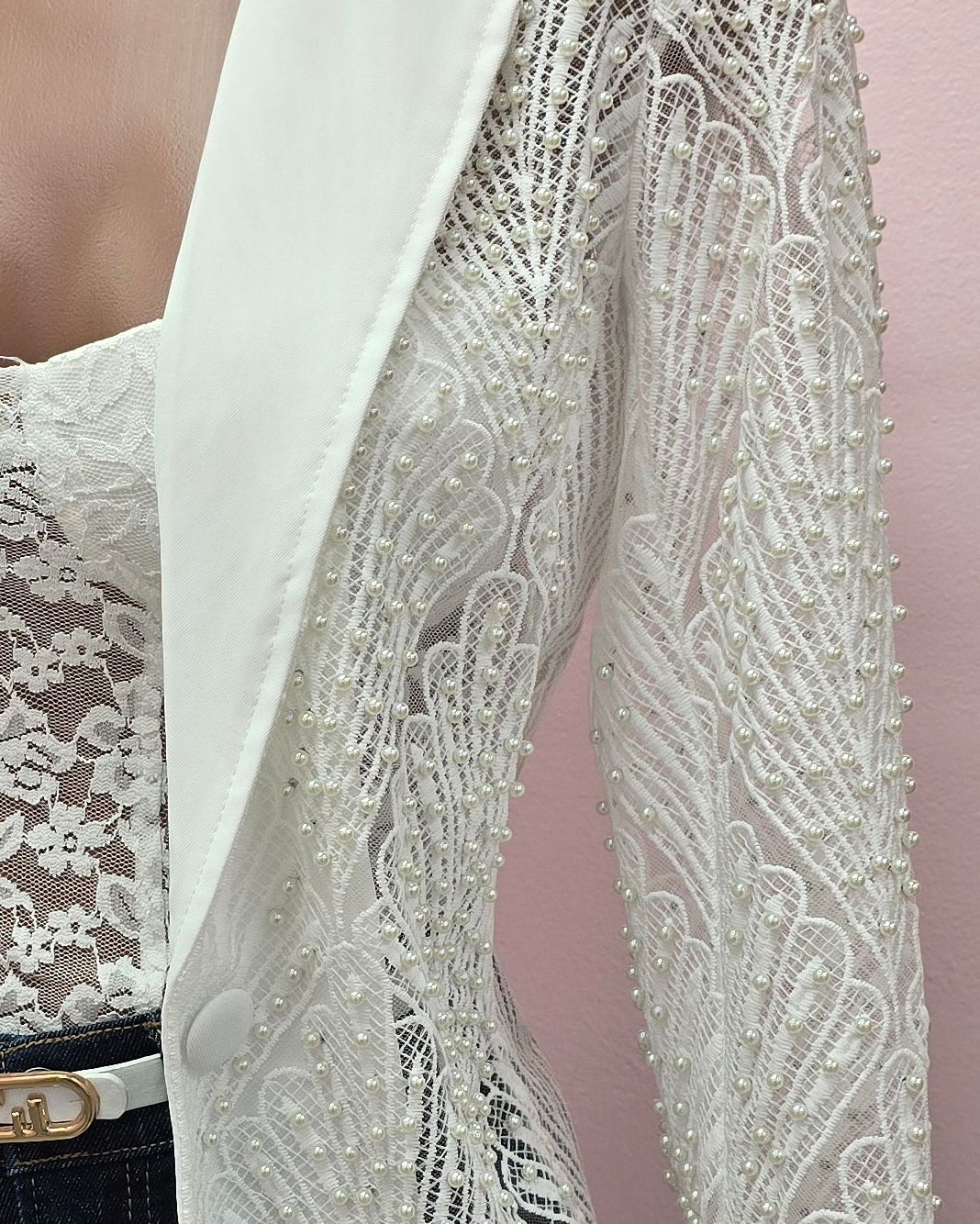 White Lace Embellished Blazer with Pearl Details – Elegant Statement Jacket