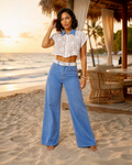 Lace Crochet Crop Top & Wide-Leg Denim Pant Set