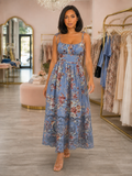 Blue Floral Linen Maxi Dress with Eyelet Hem