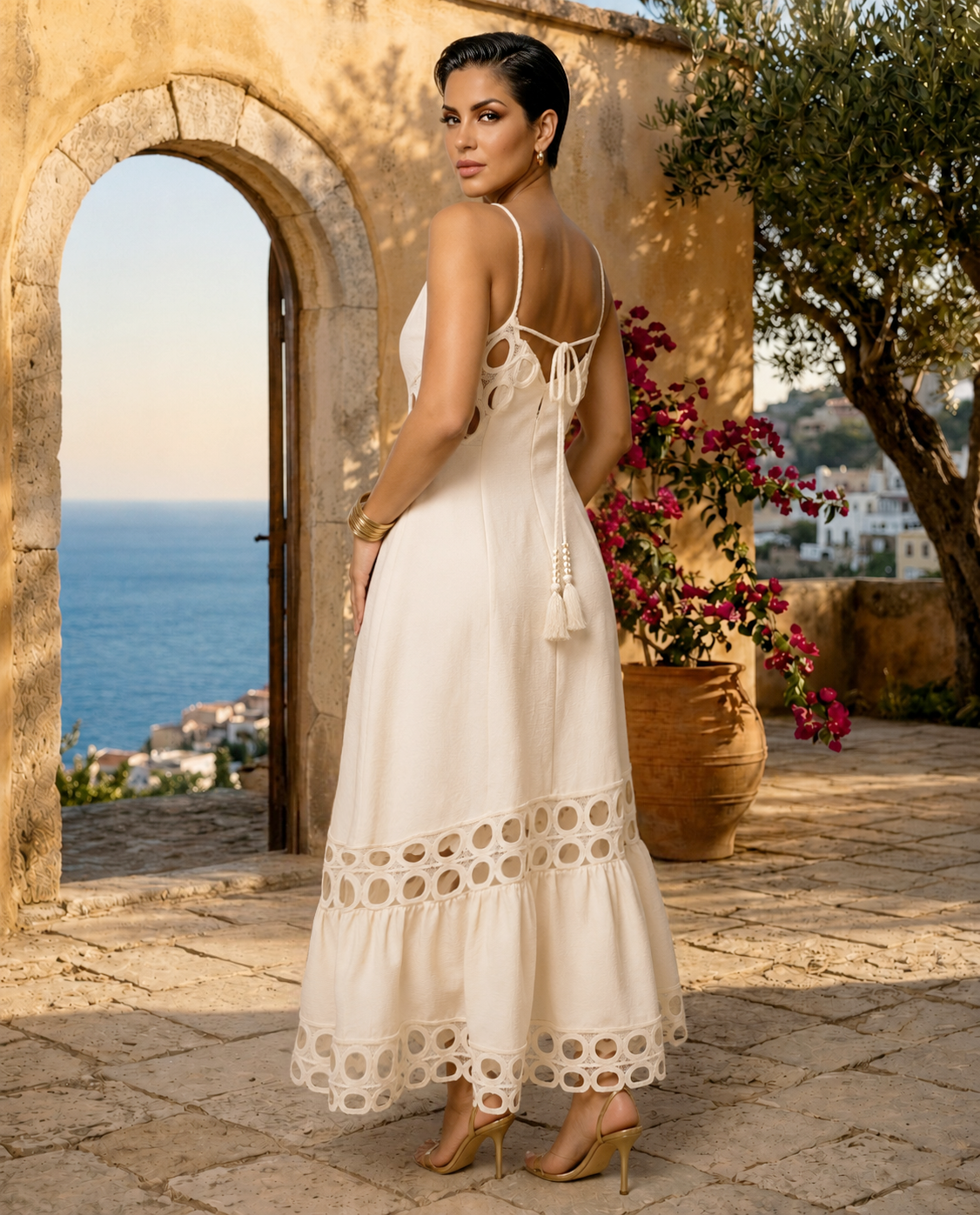 Ivory Halter Midi Dress with Crochet Lace Cutout Detail