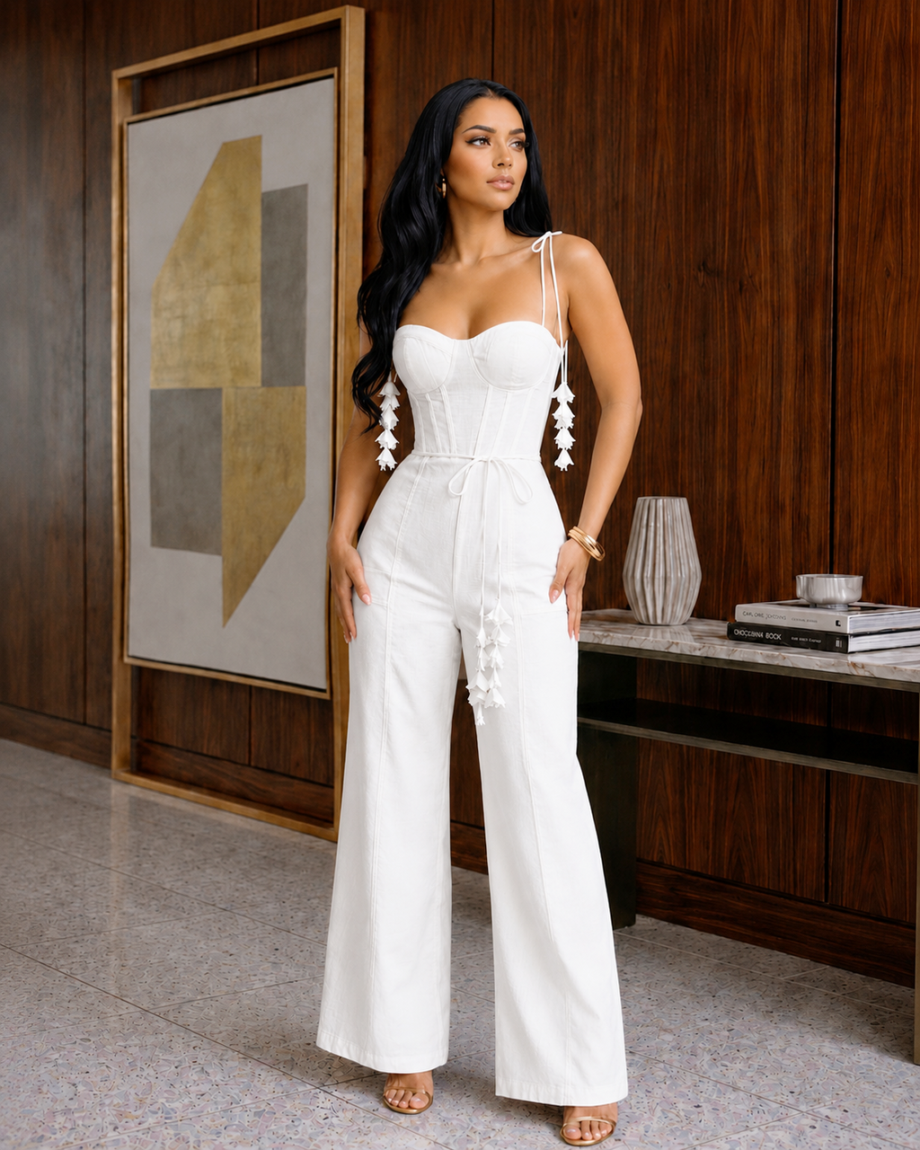 White Linen Corset Wide-Leg Jumpsuit with Adjustable Tie Straps