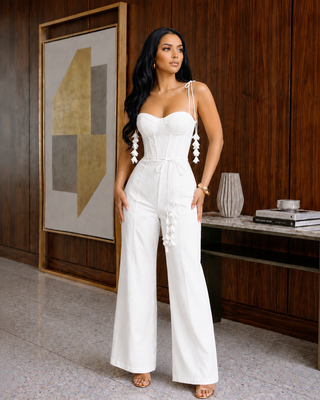 White Linen Corset Wide-Leg Jumpsuit with Adjustable Tie Straps