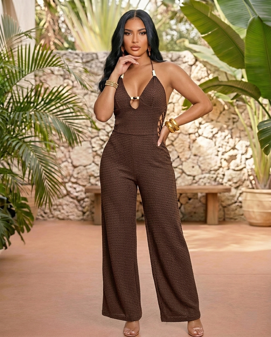Camila Chocolate Textured Halter Wide-Leg Jumpsuit
