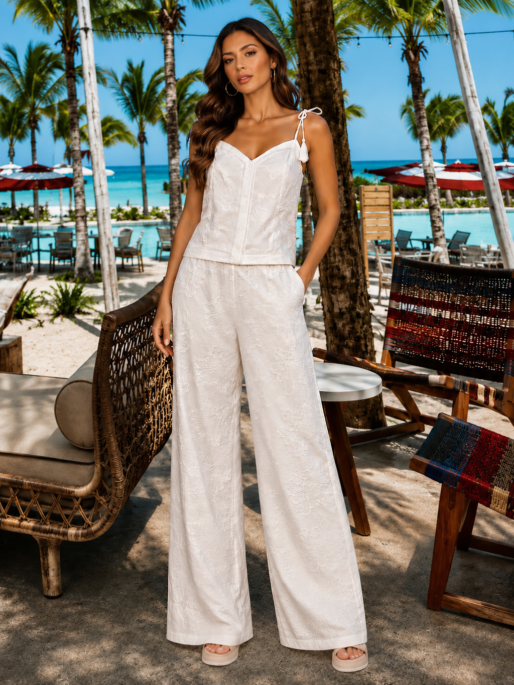 White Bloom Embroidered Pant Set