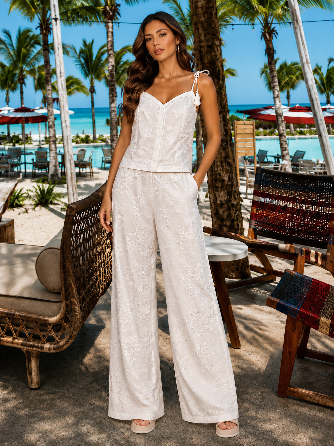 White Bloom Embroidered Pant Set
