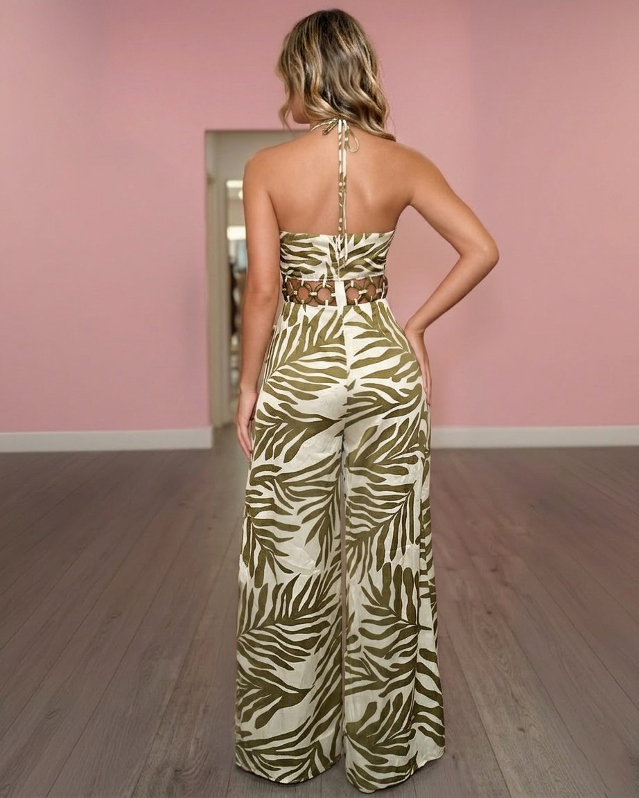 Tropical Halter Wide Leg Jumpsuit with Acrylic Chain Detail – Palm Print