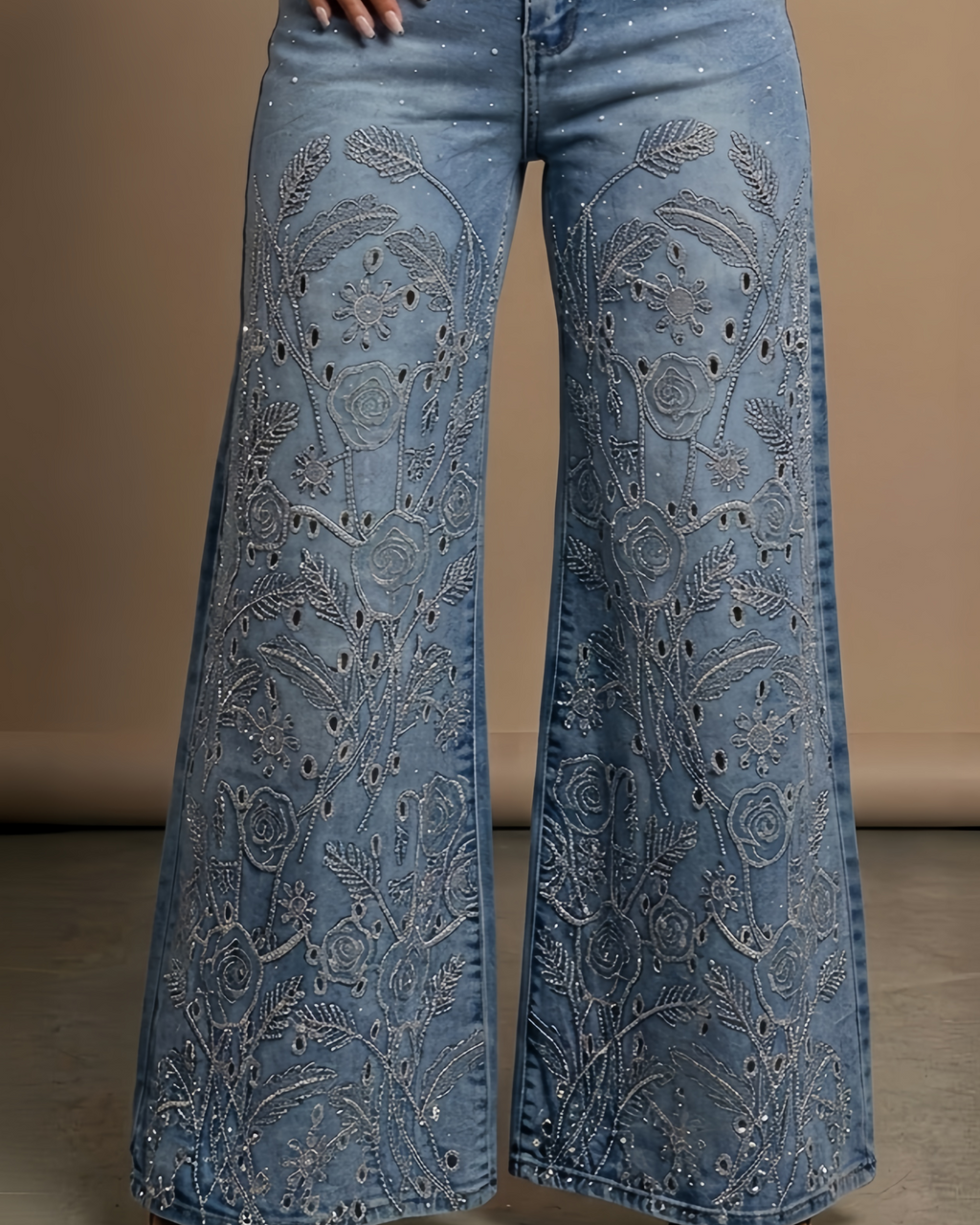 High-Waisted Embroidered Wide-Leg Denim Jeans with Rhinestone Detail