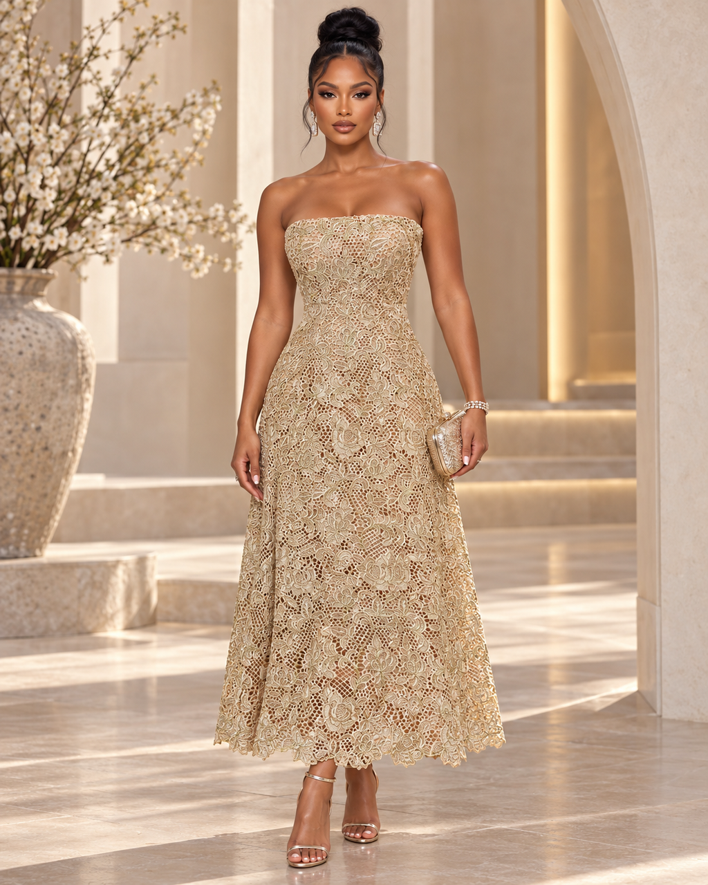 Blush & Gold Embroidered Evening Dress