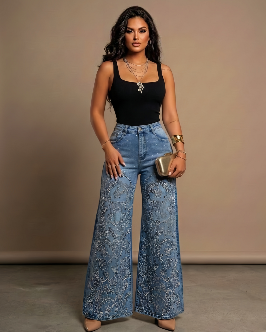 High-Waisted Embroidered Wide-Leg Denim Jeans with Rhinestone Detail