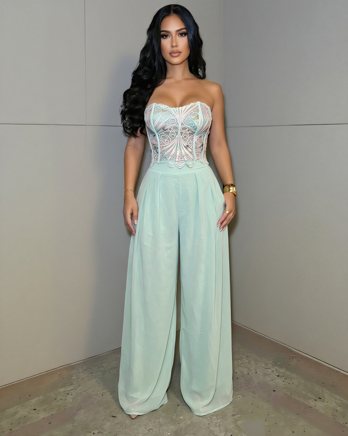 Mint Crochet Corset & Chiffon Pants Set – Strapless Elegant Two-Piece Outfit