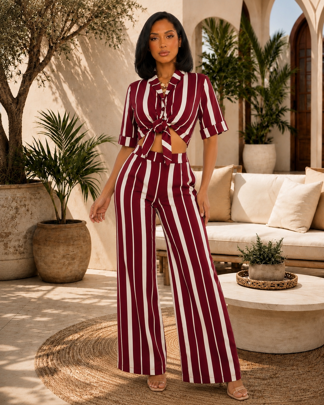 Red Wine Striped Tie-Front Wide Leg Pants Set