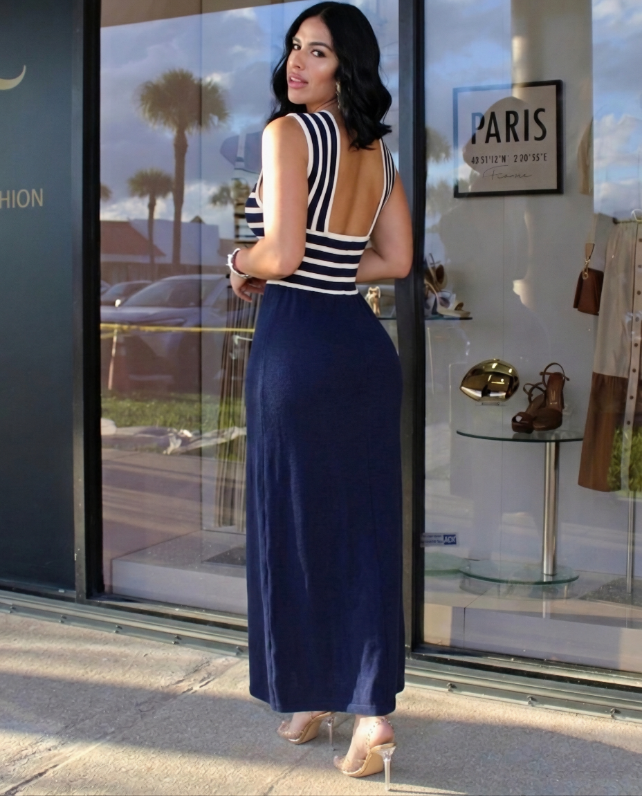 Capri Nautical Maxi Dress – Navy Striped Halter Open Back Dress