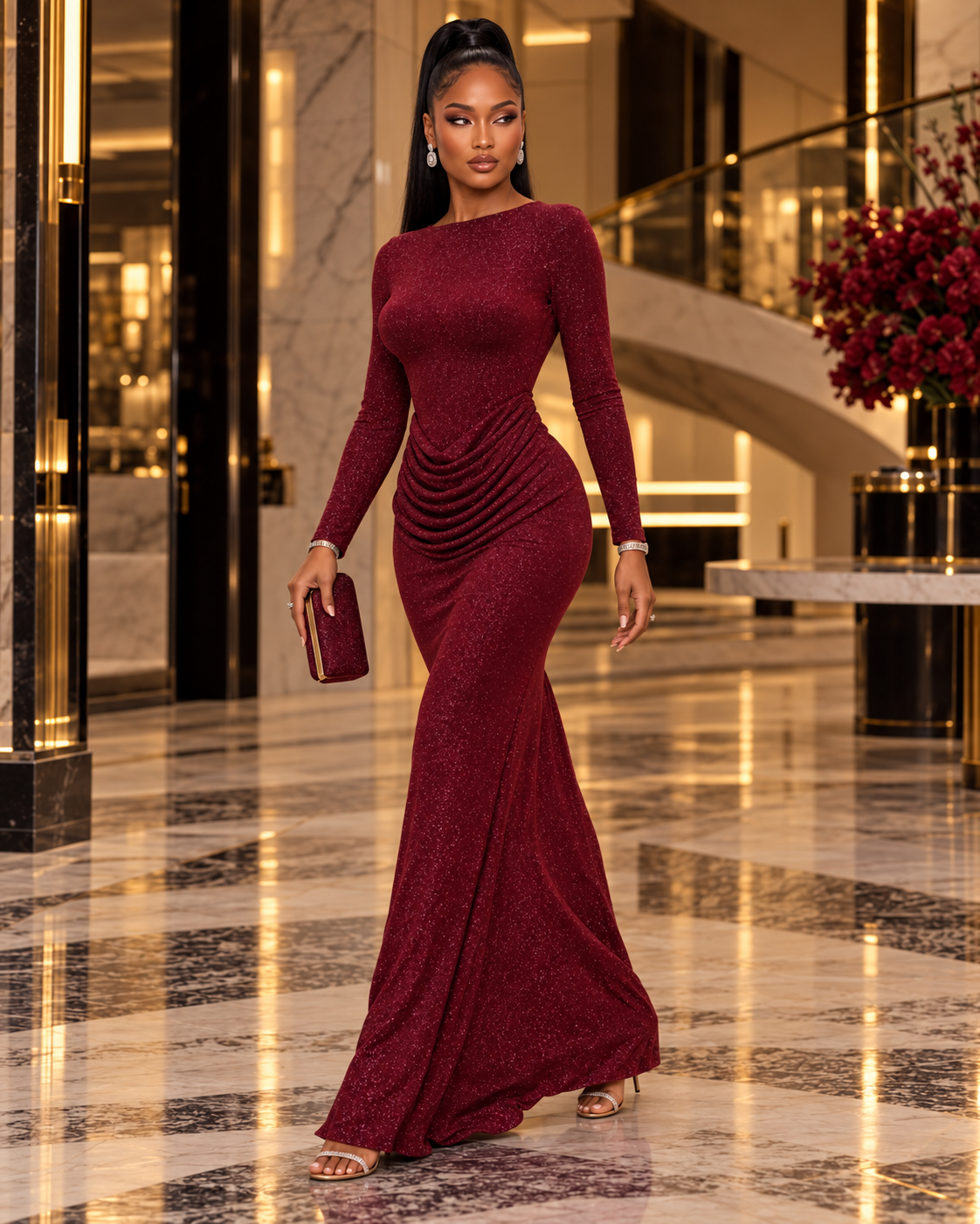 Bordeaux After Dark – Shimmer Draped Maxi Dress