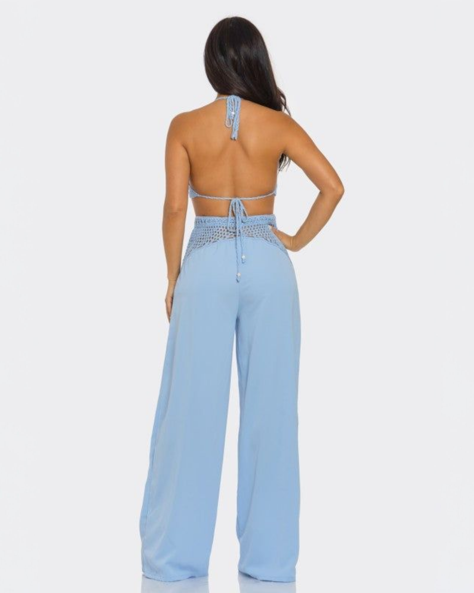 Blue Crochet Halter Top and Pants Set for Women Beachwear Two Piece Outfit 100 Percent Crochet No Stretch