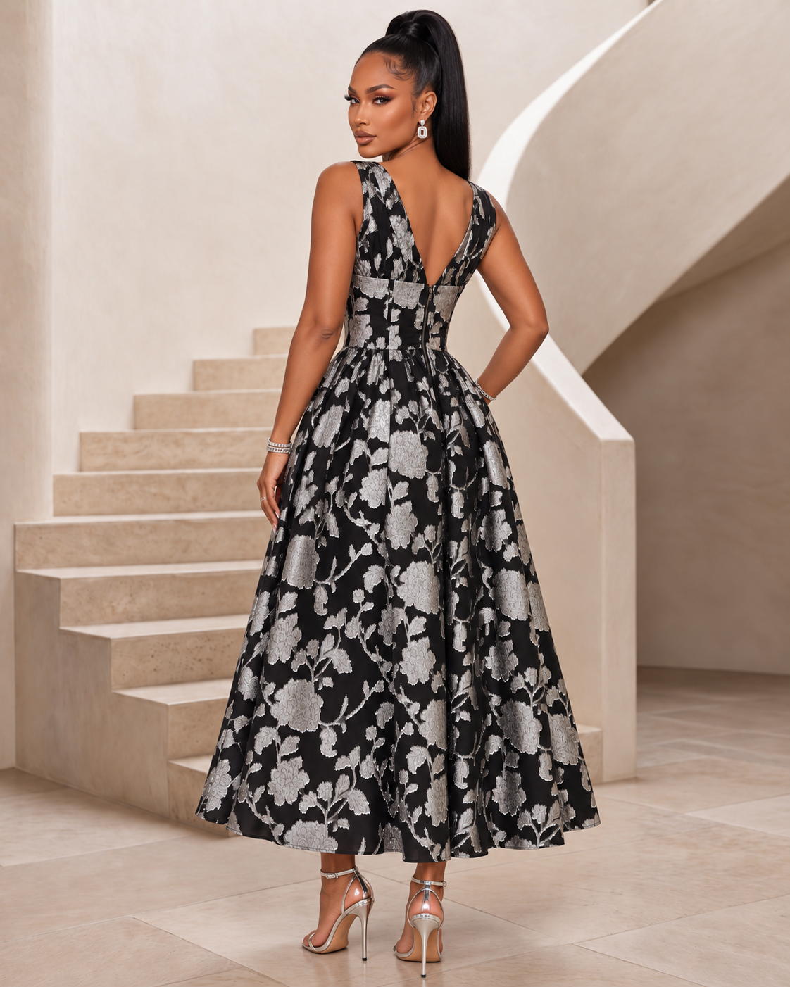Midnight Silver Garden Organza Midi Dress