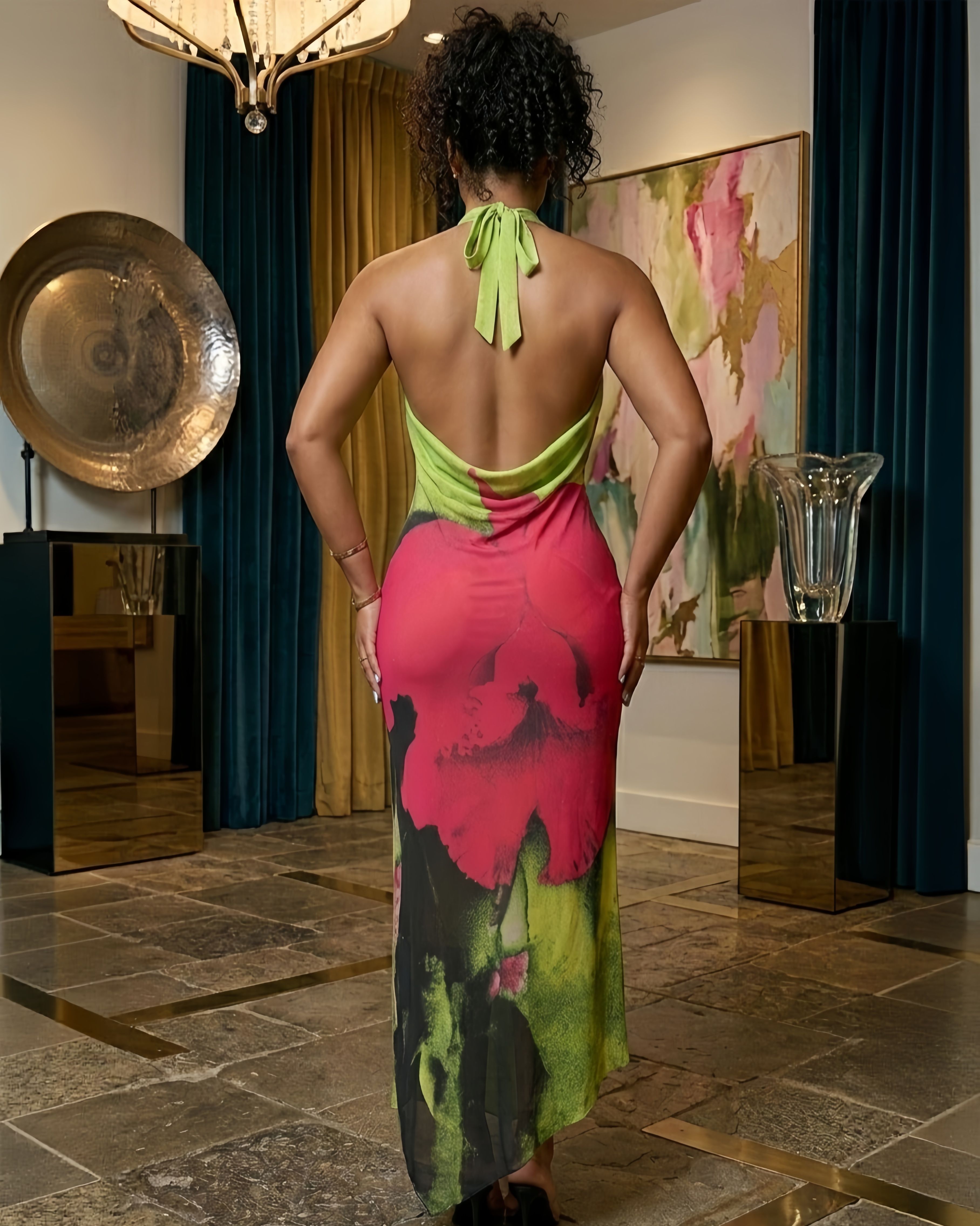 Green & Fuchsia Halter Maxi Dress – Open Back Floral Statement Evening Gown