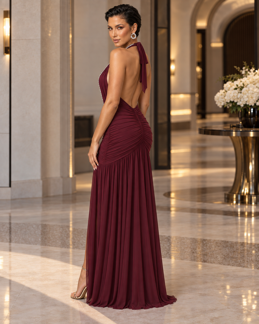 Burgundy Crystal Halter Ruched Mesh Maxi Dress