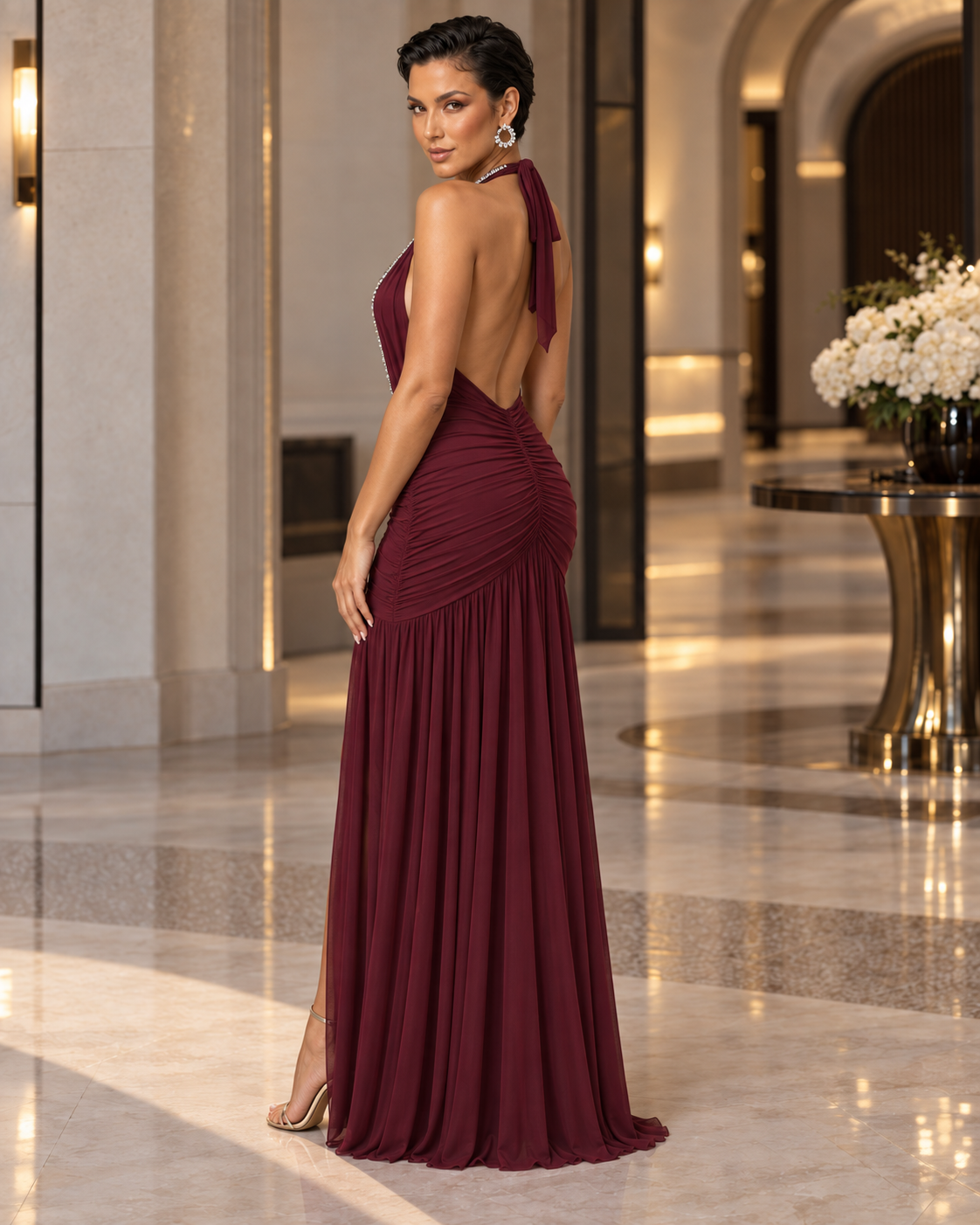 Burgundy Crystal Halter Ruched Mesh Maxi Dress