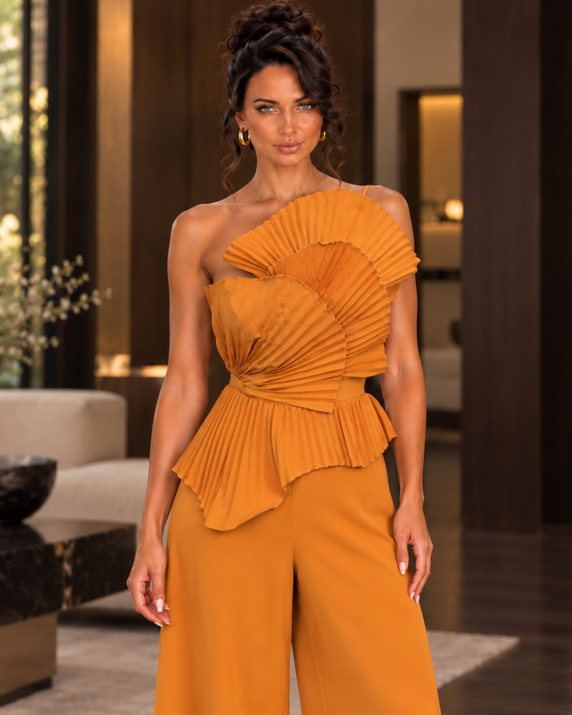 Saffron Solstice Sculpted Pleat Wide-Leg Jumpsuit
