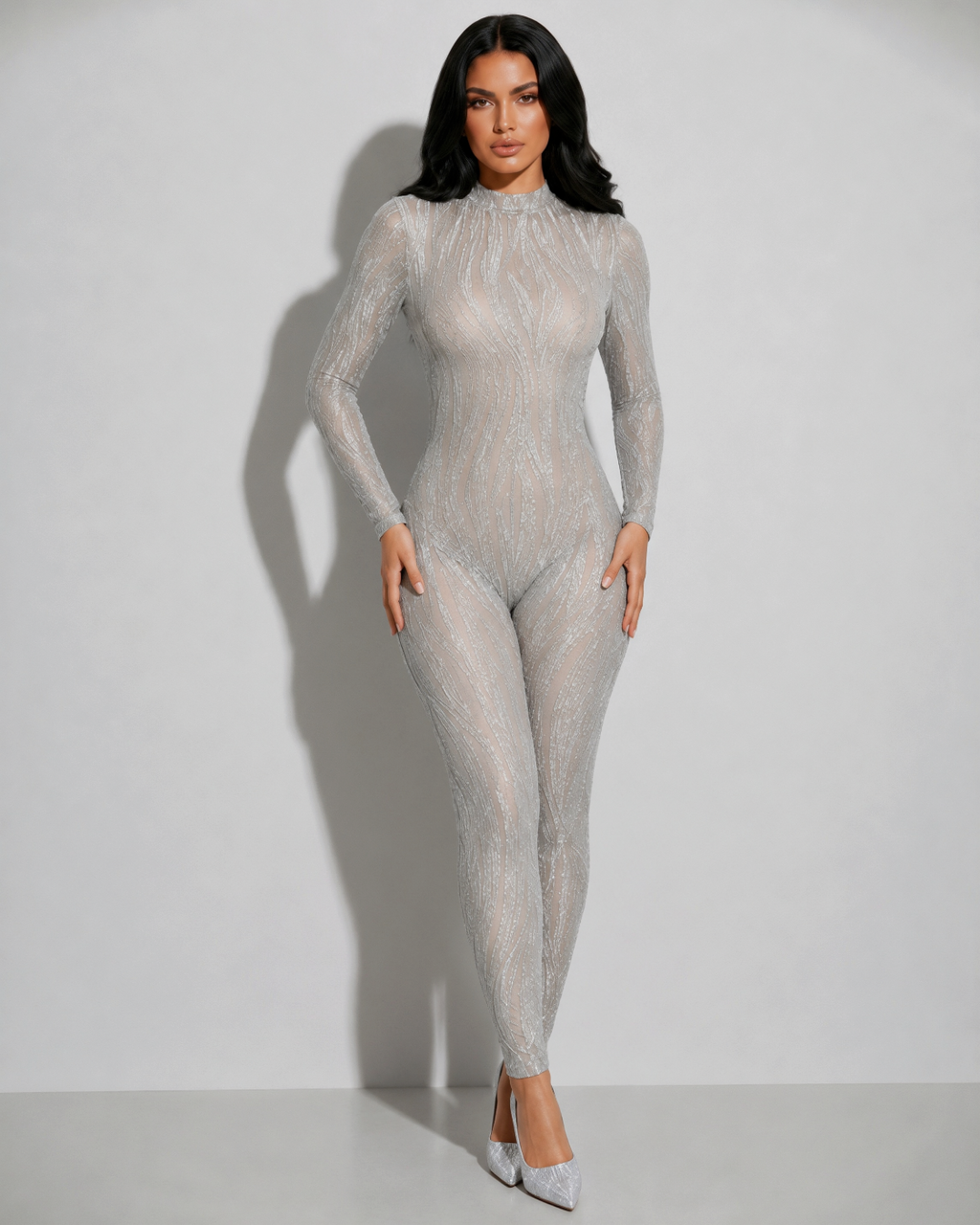 Sexy Dreamer Bodycon Lurex Jumpsuit Silver - Shimmering Metallic Eveningwear With Stretch