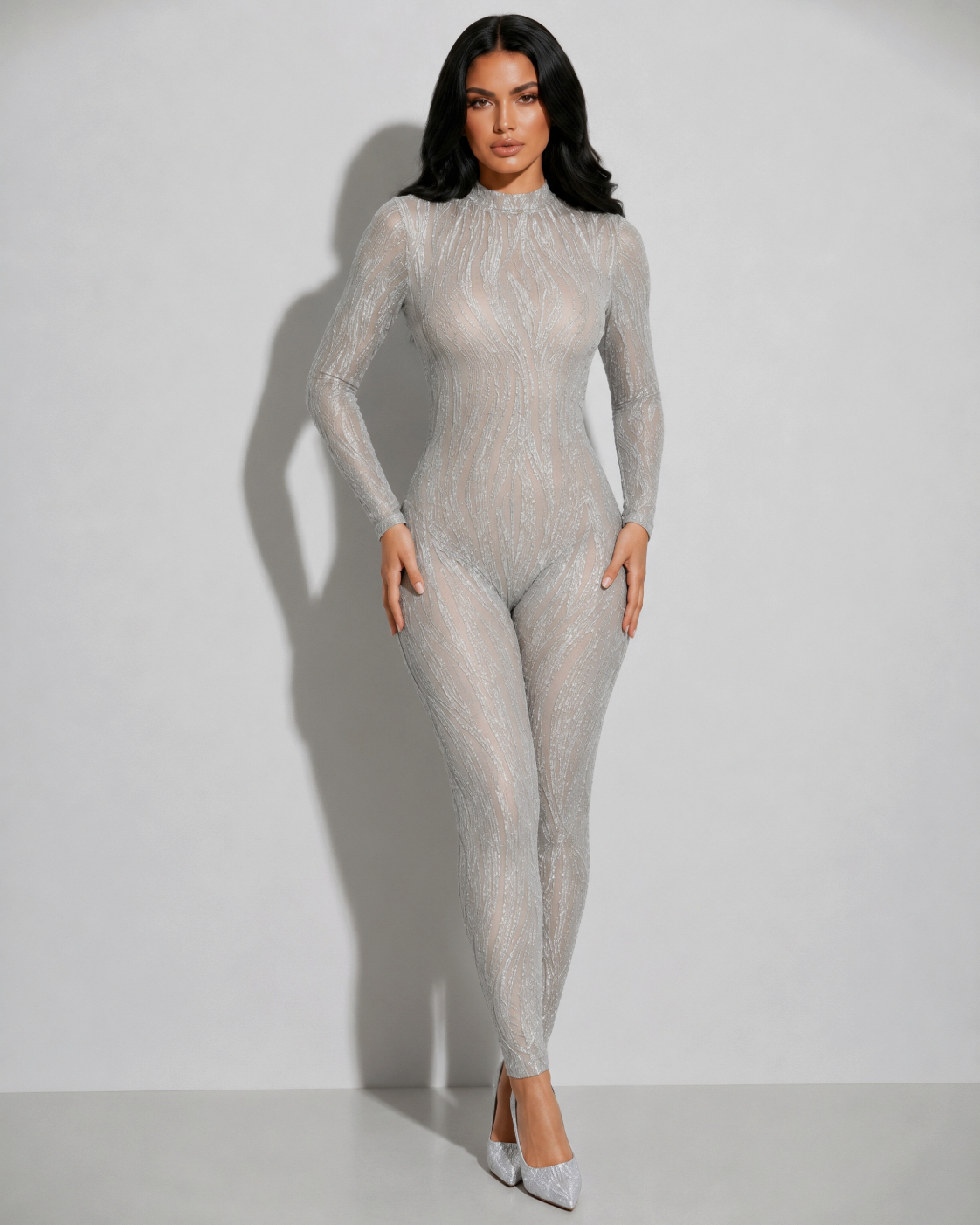 Sexy Dreamer Bodycon Lurex Jumpsuit Silver - Shimmering Metallic Eveningwear With Stretch