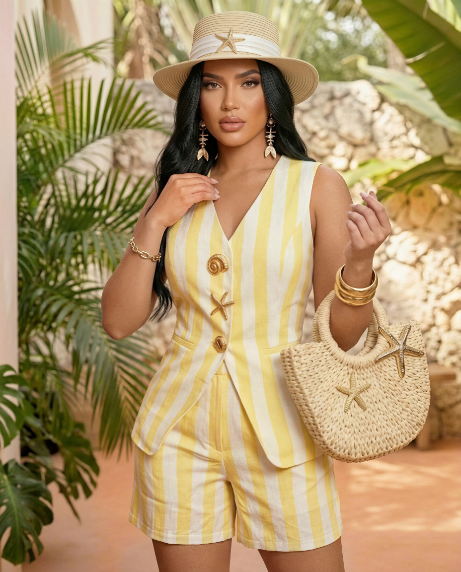 Lemon Striped Vest & Shorts Set Summer Resort Two Piece Outfit Large Lemon Striped Vest & Shorts Set Summer Resort Two Piece Outfit Large