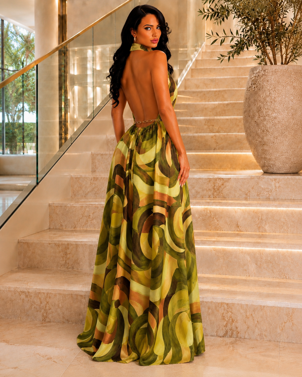 Olive Muse Satin Halter Maxi Jumpsuit