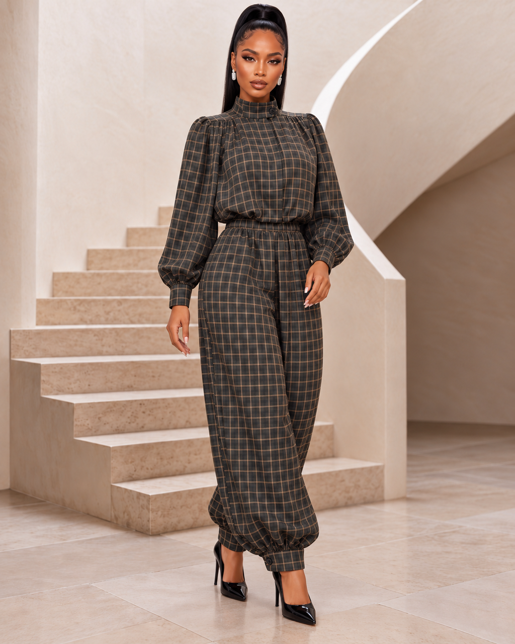 Charcoal Plaid High-Neck Blouse & Balloon Pants Set