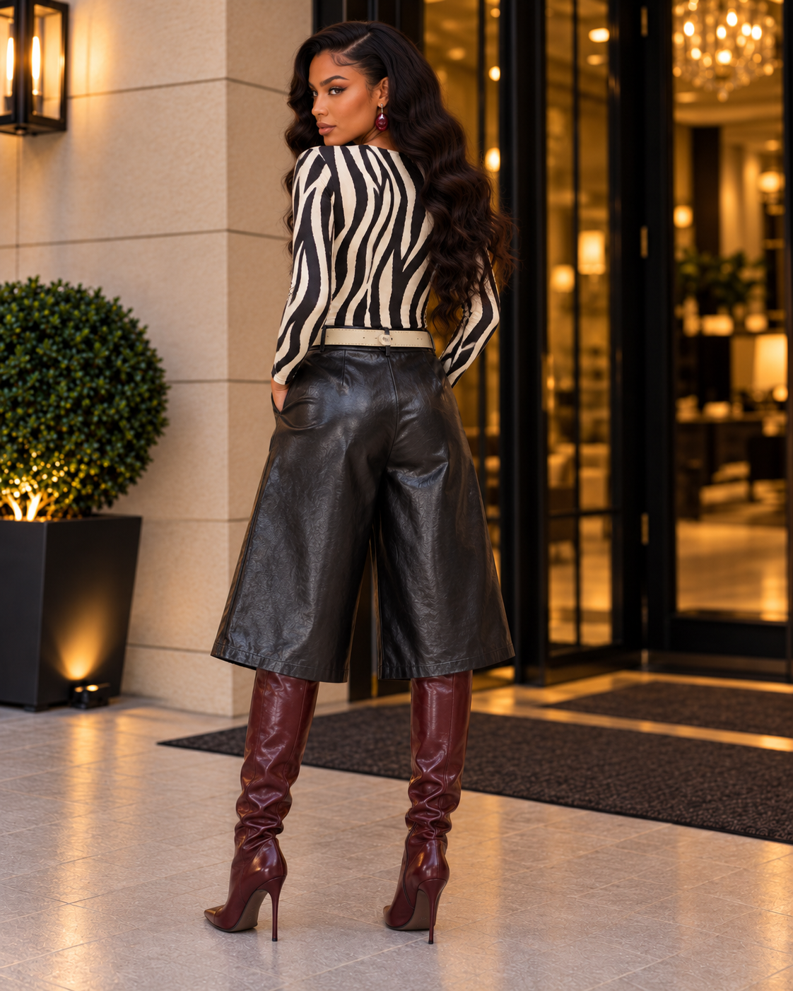 Vesper Noir Faux Leather Wide-Leg Bermuda
