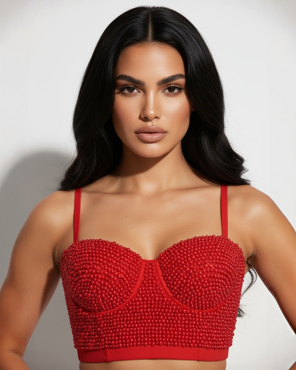 We all Love This Time Pearl Embellished  Corset Red