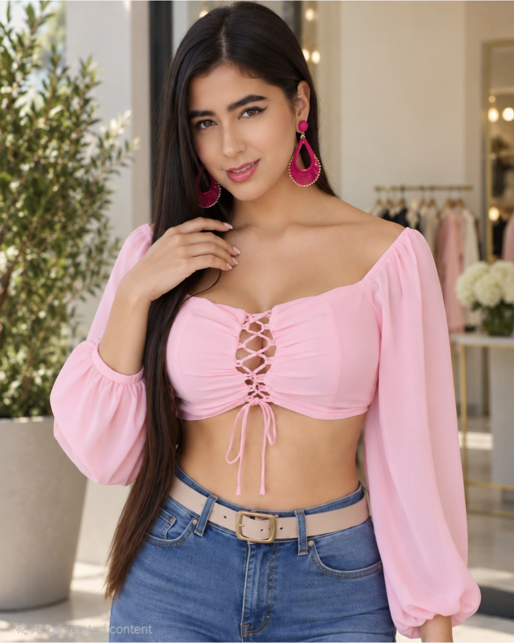Sweet Romance Lace-Up Chiffon Crop Top – Blush Pink