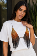 White Oversized Cotton Tee with Hand-Beaded Statement Design