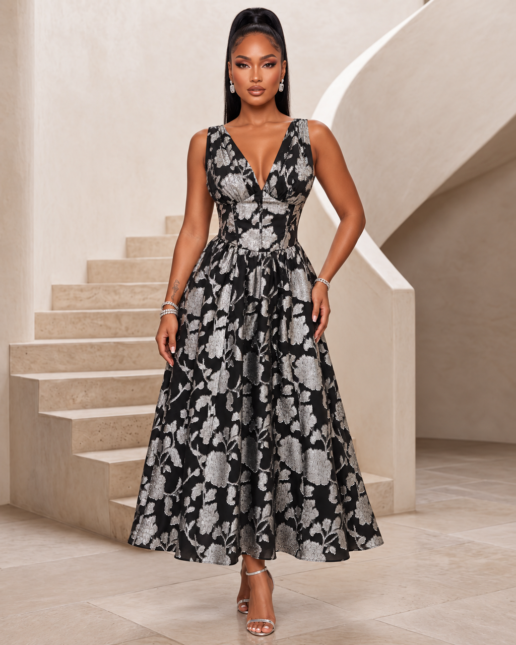 Midnight Silver Garden Organza Midi Dress