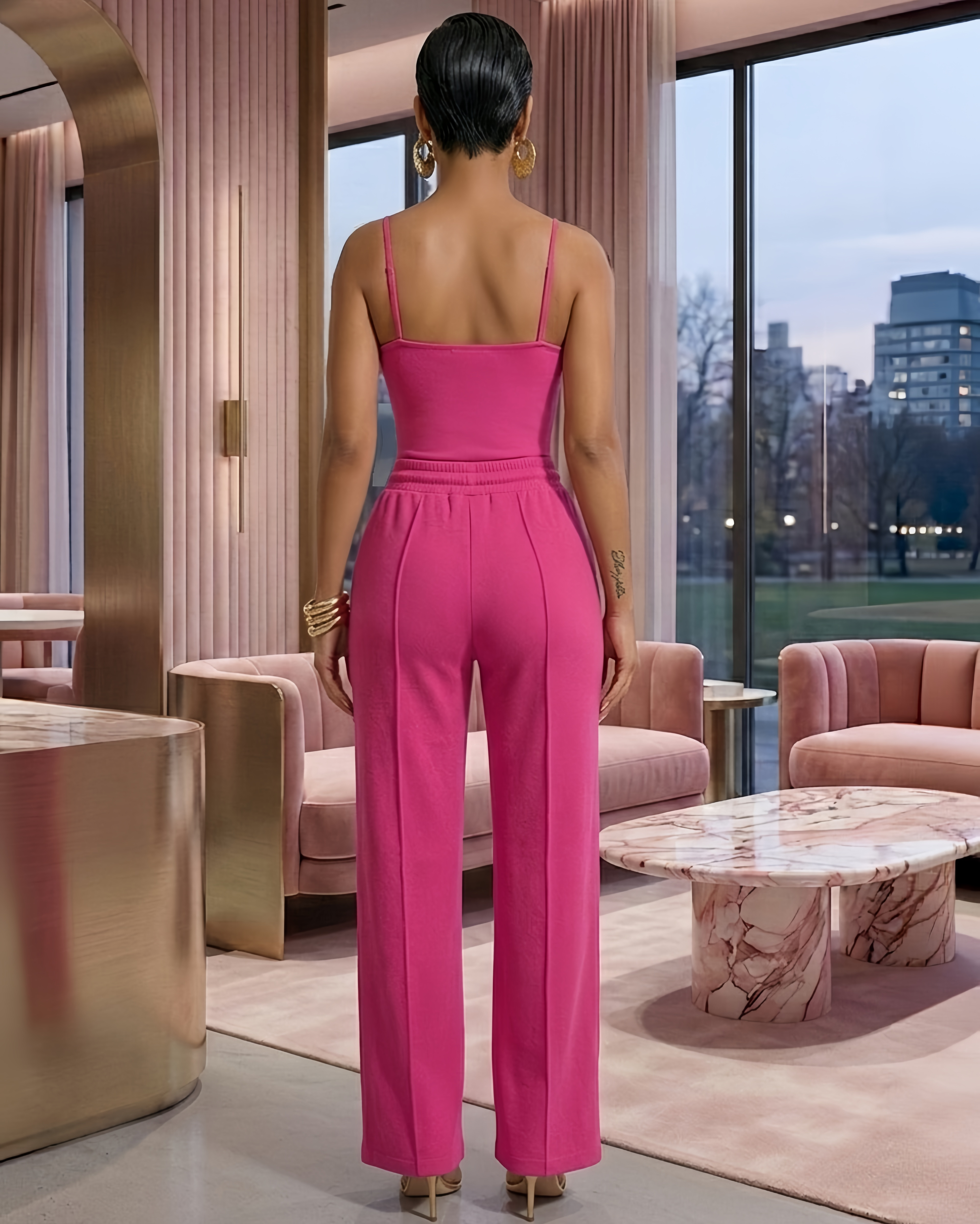 Body Sculpted Pant Set Hot Pink 100 Percent Polyester Stretch Loungewear For Comfortable Fit