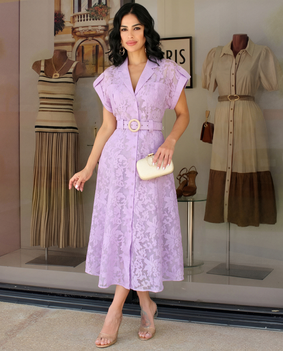 Lavender Lace Belted Midi Shirt Dress – Elegant Button Front Dress
