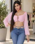 Sweet Romance Lace-Up Chiffon Crop Top – Blush Pink