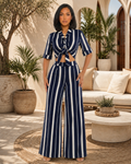 Navy Striped Tie-Front Wide Leg Pants Set