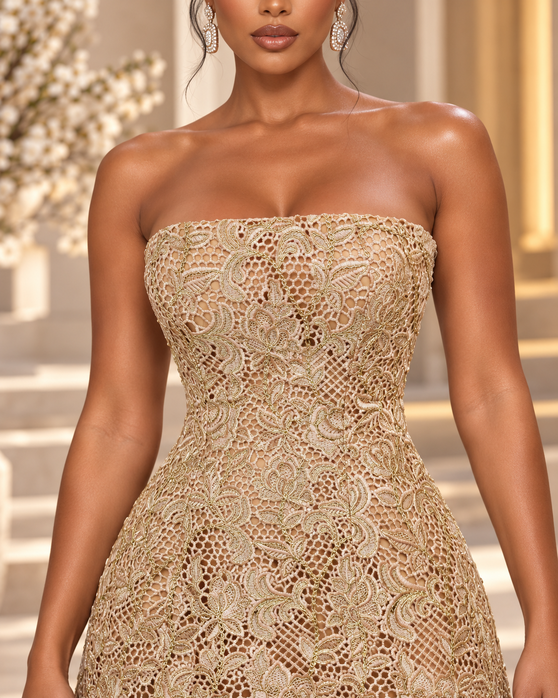 Blush & Gold Embroidered Evening Dress