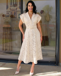 Ivory Lace Belted Midi Shirt Dress – Elegant Button Front Dress with Waist Belt