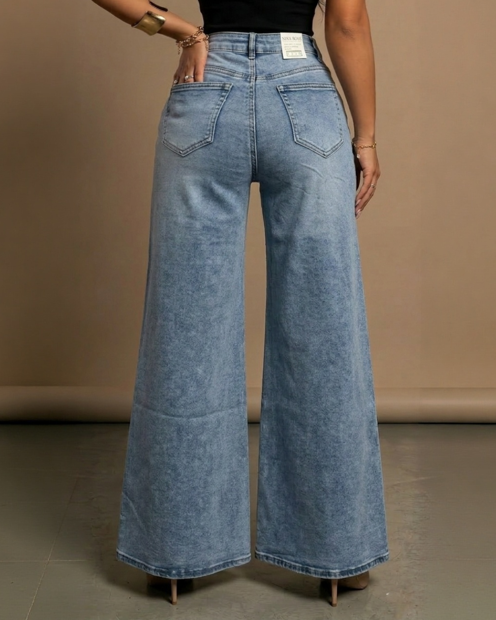 High-Waisted Embroidered Wide-Leg Denim Jeans with Rhinestone Detail